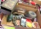tape, wire nuts, tobacco dispenser, trowels