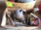 2 boxes, booster cables, corded drill, oil filters, copper oil pot