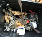tote of misc oil, cylinder honer, bolt cutter