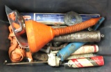 tote of caulking guns, funnel
