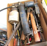 misc tools, grease gun, hammers, wrecking bar, paint sprayer