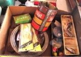 box of fishing tackle, vintage thermometer