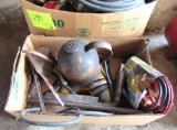 2 boxes, booster cables, corded drill, oil filters, copper oil pot