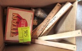 rulers, tin can, cigar boxes
