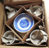 steins, blue dishes, kitchen dispensers