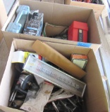 2 boxes: vice grips, Campbell hausfeld brad nailer, Coleman propane burner, and misc. tools