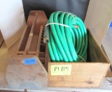 wood toolbox, wood crate, garden hose
