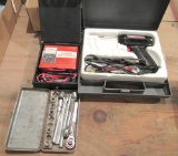 utility knives, multimeter, soldering gun, craftsman quarter inch socket set