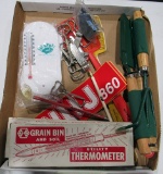 grain bin and soil utility thermometer, bottle openers, fly swatters