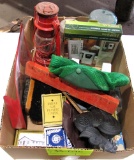 oil lantern, shoe shine brushes, john deer cap, wireless weather station