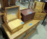 TV stand, small chest, wood sorting bin, jewelry/make up box