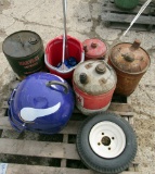 gas cans, wheel, Vikings grill lid