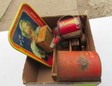 antique coffee cans, antique cig containers, Dr.Pepper tray