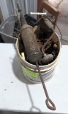 pail of misc hand tools, files, antique refill fire extinguisher