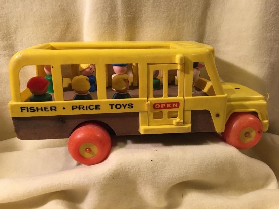 Vintage Fisher Price School Bus with 8 Wooden Figures