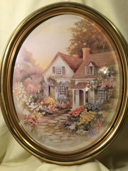 Cottage with Flowers Oval Framed Print