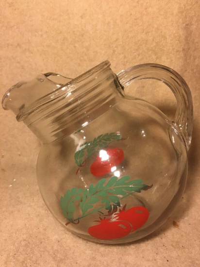 Clear Glass Tilt Ball Pitcher, Tomatoes and Leaves Motif