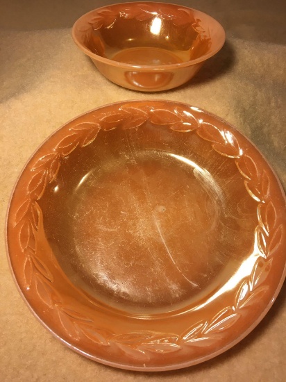 Fire King Leaf Pattern Peach Luster Cereal Bowl and Dessert Dish