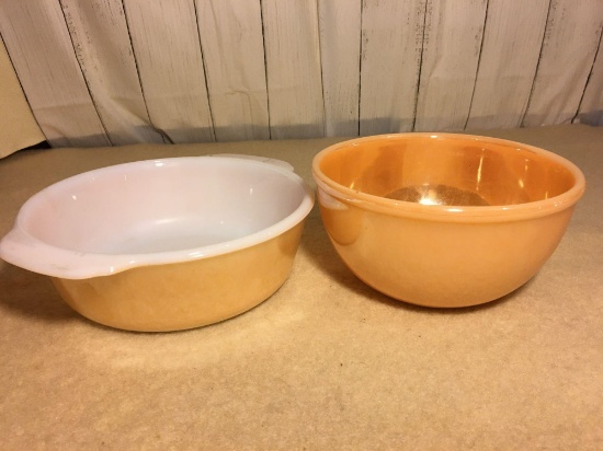 Fire King Peach Luster Casserole and Mixing Bowl