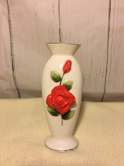 Porcelain 5" Vase with Moriage Rose and Rosebud, Japan