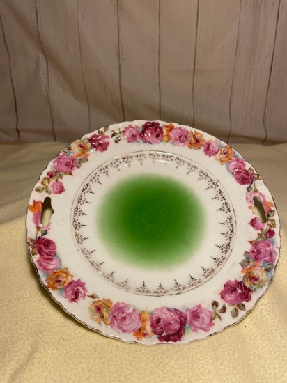 Vintage Decorative Painted Rose and Filigree Plate, Inset Handles