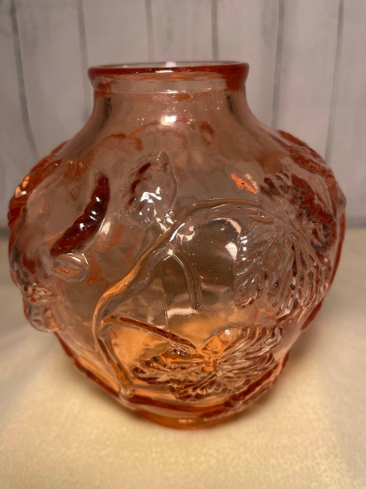 Vintage Pink Glass Vase with Vines and Cattle Heads