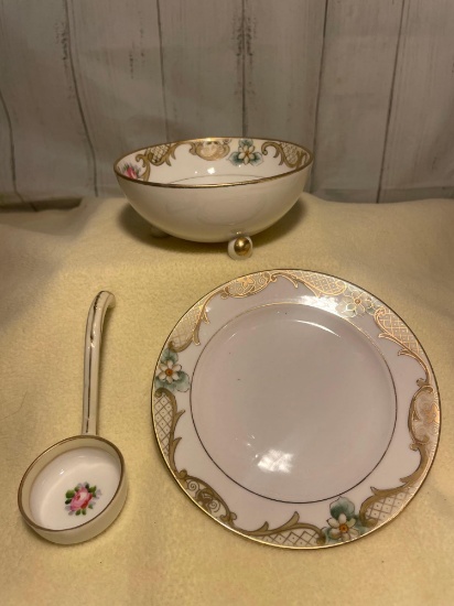 Hand Painted Nippon Condiment Dish, Saucer, and Dipper