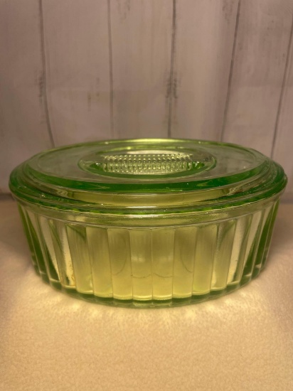 Green Depression Glass Oval Covered Refrigerator Dish