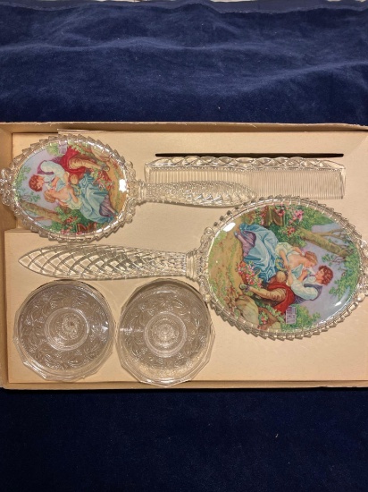 Vintage Plastic Victorian Dresser Set Hand Mirror, Comb Brush, Powder Jars in Box
