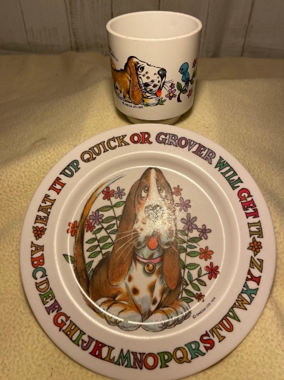Vintage Grover the Dog Melamine Child's Plate and Cup Set, Oneida, 1972