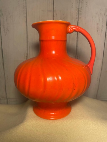 Vintage Orange Swirl Pottery Pitcher Marked USA