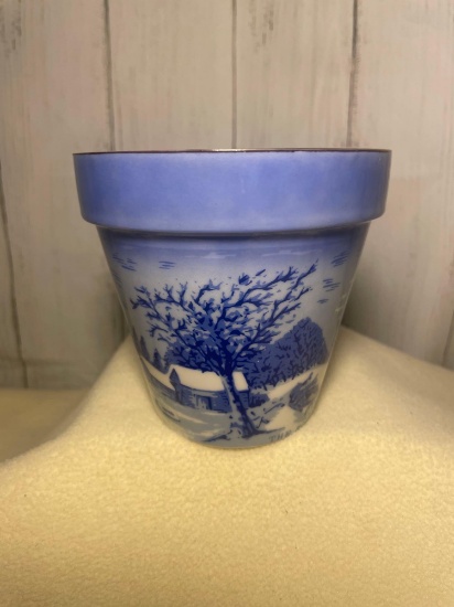 Vintage Currier and Ives Homestead In Winter Porcelain Flower Pot