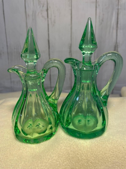Pair of Vintage Uranium Green Vaseline Glass Cruets with Diamond Shaped Stoppers