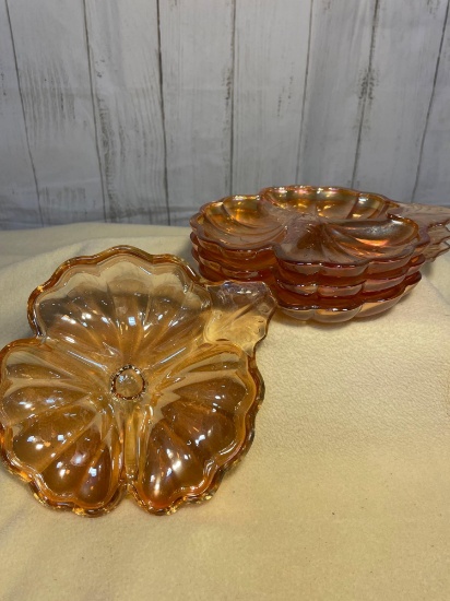 Vintage Marigold Iridescent Carnival Glass 3-Section Clover Leaf Candy Dishes