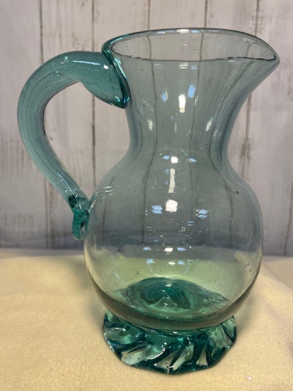 Vintage Handblown Aqua Glass Pitcher with Textured Swirl Base