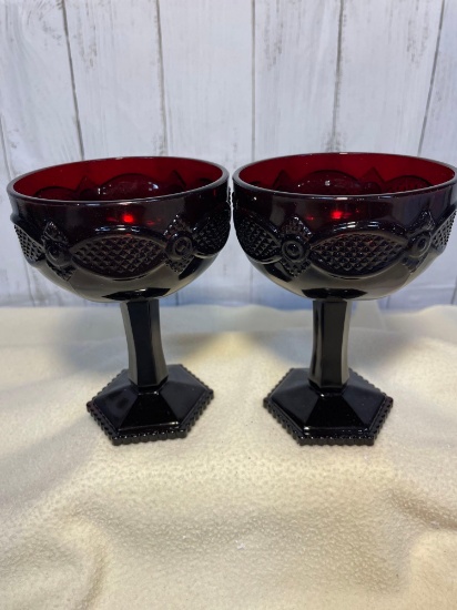 2 - Avon 1876 Cape Cod Ruby Red Saucer Champagne Glass Set
