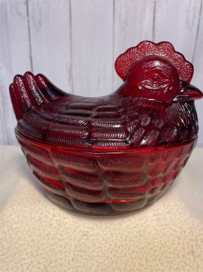 Red Glass Chicken-On-A-Basket Covered Candy Dish