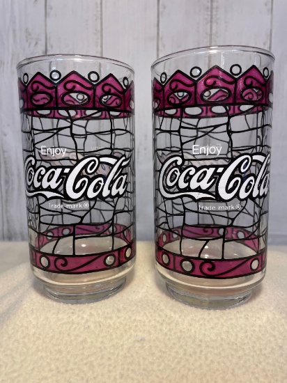 2-Coca Cola Glasses - "Enjoy Coca Cola" - Stained Glass Design