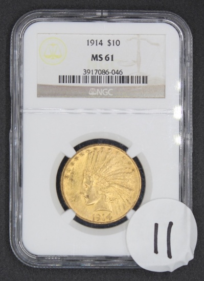 1914 $10 Indian Head Eagle Gold Coin, NGC MS61