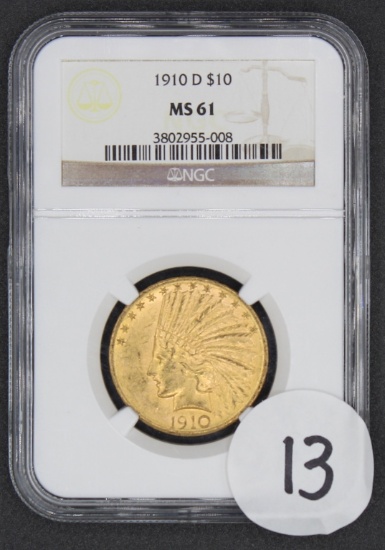 1910-D $10 Indian Head Eagle Gold Coin, NGC MS61