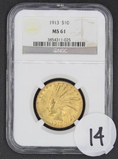 1913 $10 Indian Head Eagle Gold Coin, NGC MS61