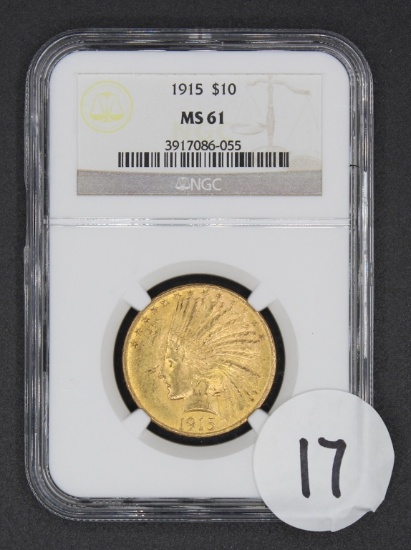 1915 $10 Indian Head Eagle Gold Coin, NGC MS61