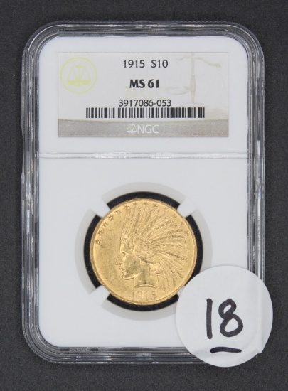 1915 $10 Indian Head Eagle Gold Coin, NGC MS61