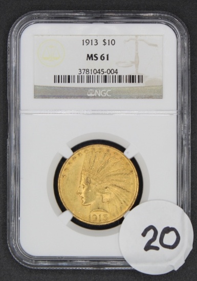 1913 $10 Indian Head Eagle Gold Coin, NGC MS61