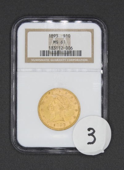 1893 $10 Liberty Head Eagle Gold Coin, NGC MS61