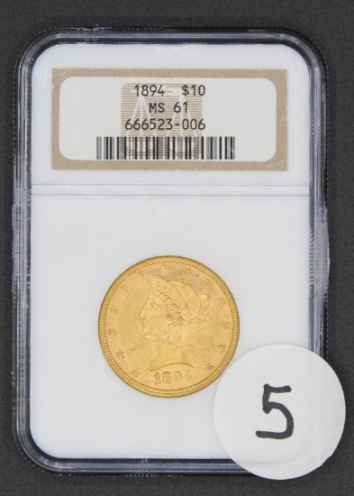 1894 $10 Liberty Head Eagle Gold Coin, NGC MS61