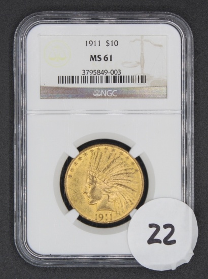 1911 $10 Indian Head Eagle Gold Coin, NGC MS61