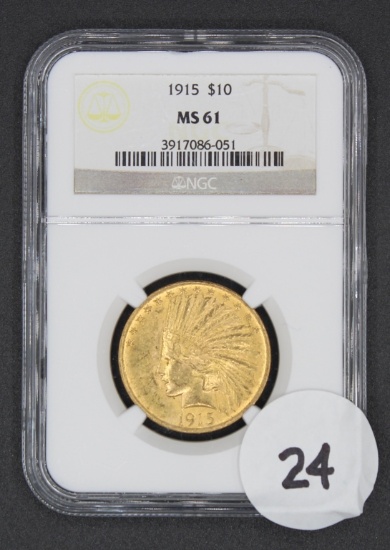 1915 $10 Indian Head Eagle Gold Coin, NGC MS61