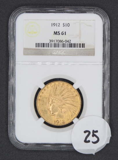 1912 $10 Indian Head Eagle Gold Coin, NGC MS61