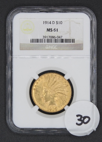 1914-D $10 Indian Head Eagle Gold Coin, NGC MS61